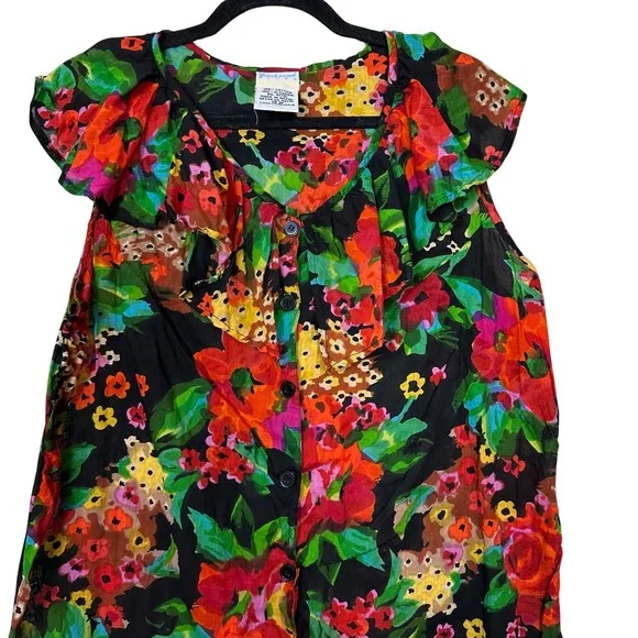 Vintage 90s Cotton Backyard Blues Floral Printed Ruffled Shoulder Sleeveless Top - Picture 2 of 7